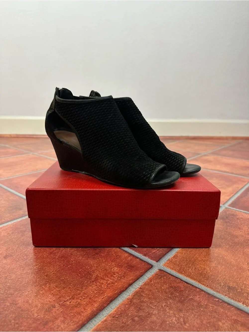 Donald J. Pliner Black Leather Jace Peep-Toe Wedge Booties w/ Box